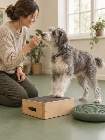 Illustrative scene: a caregiver guiding a dog through a learning activity. Not a photograph of this location.