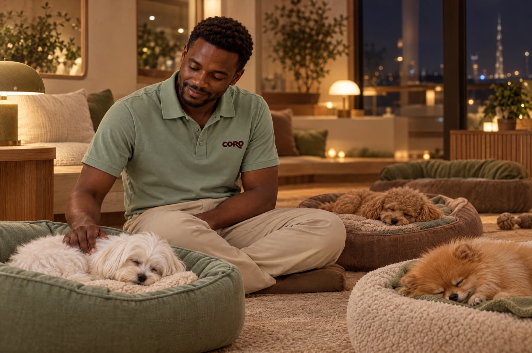 Illustrative scene: small dogs asleep in an open lounge with a night handler sitting among them. Not a photograph of a Coro room.