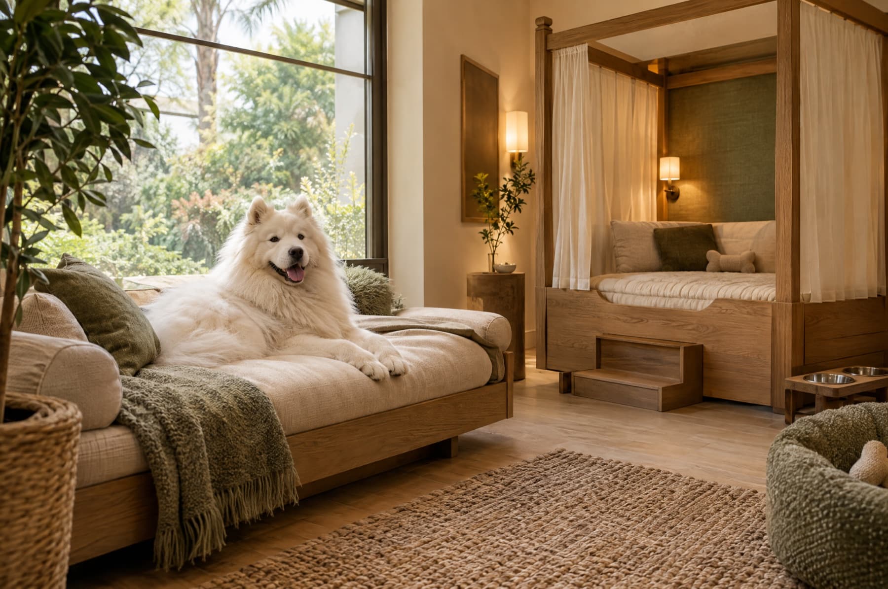 A Samoyed lounging in a Presidential suite