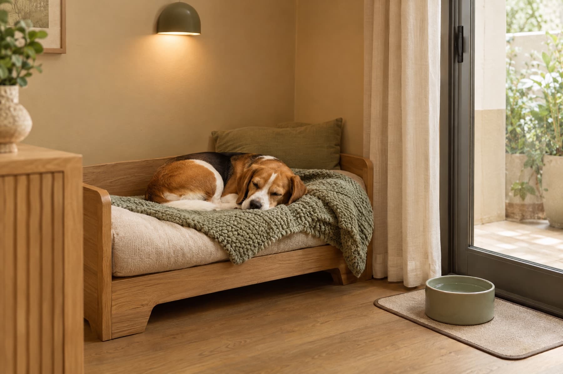 Illustrative scene: a beagle asleep on a raised oak bed in a cosy private room. Not a photograph of a Coro room.