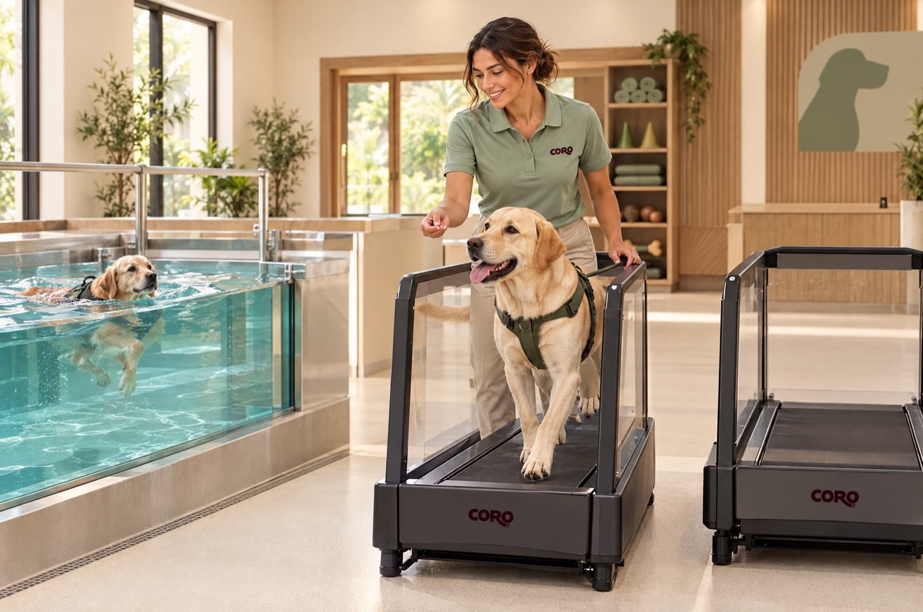 A Labrador on a treadmill beside an indoor dog pool