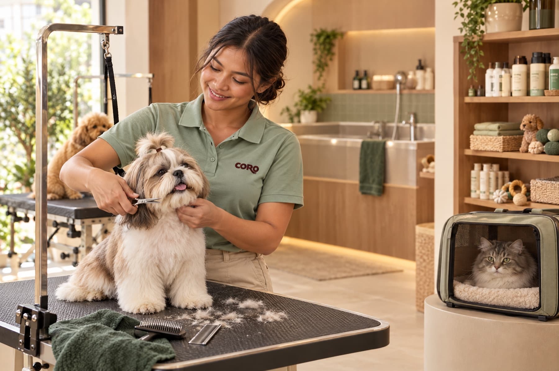 A groomer finishing a shih tzu in a boutique studio