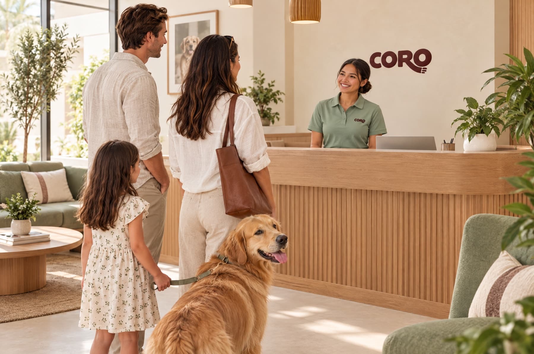 A family arriving with a golden retriever at a Coro reception