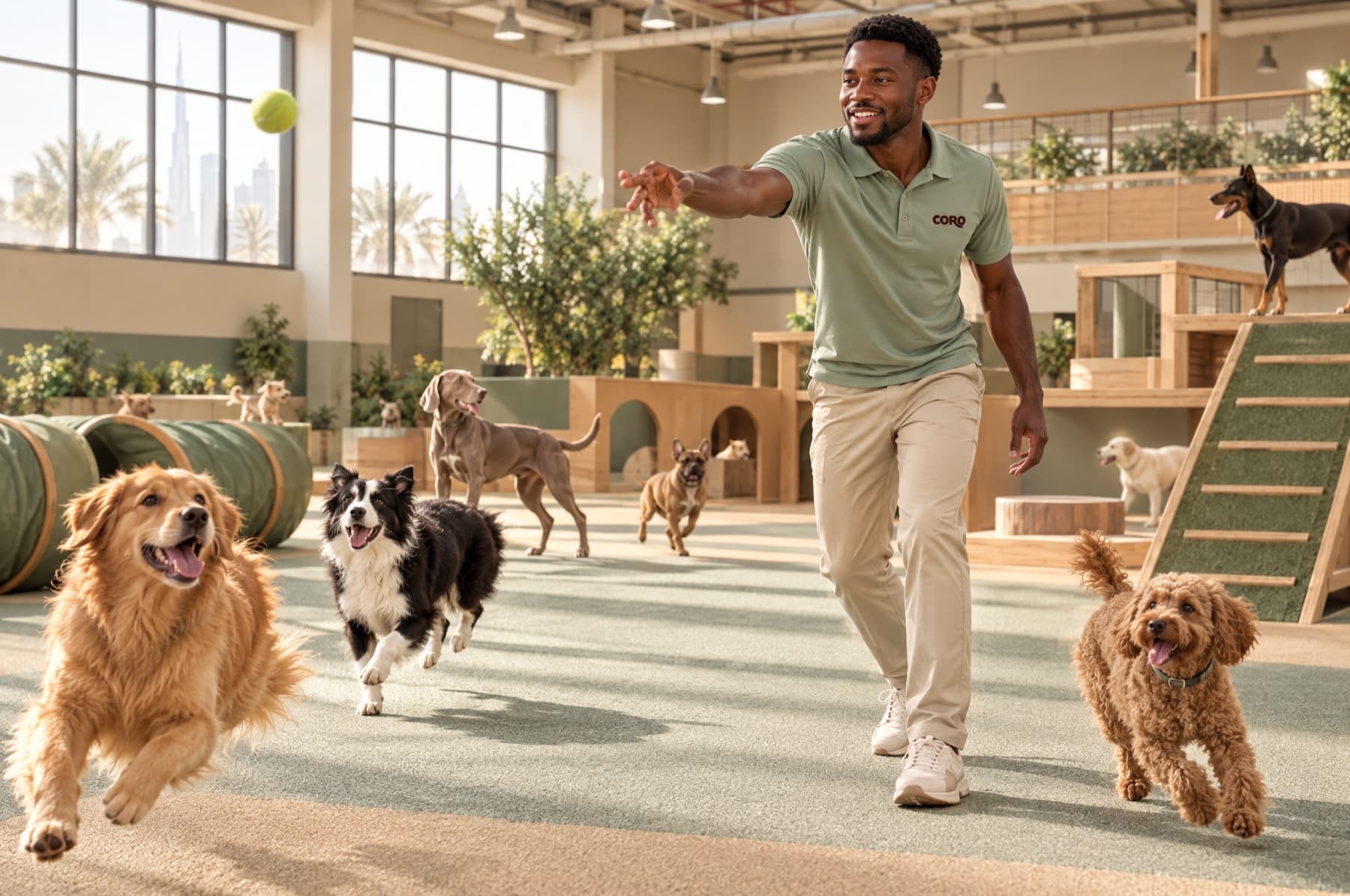 Dogs playing in a spacious indoor play hall