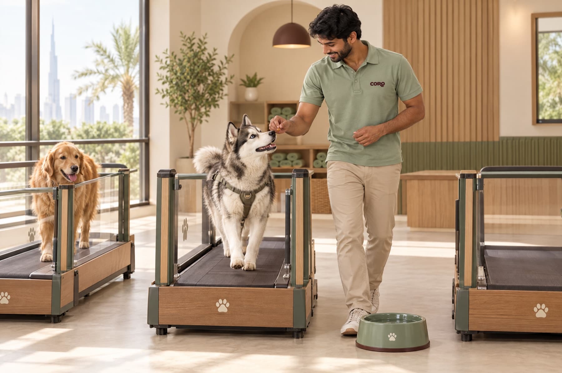 A husky trotting on a treadmill beside a handler