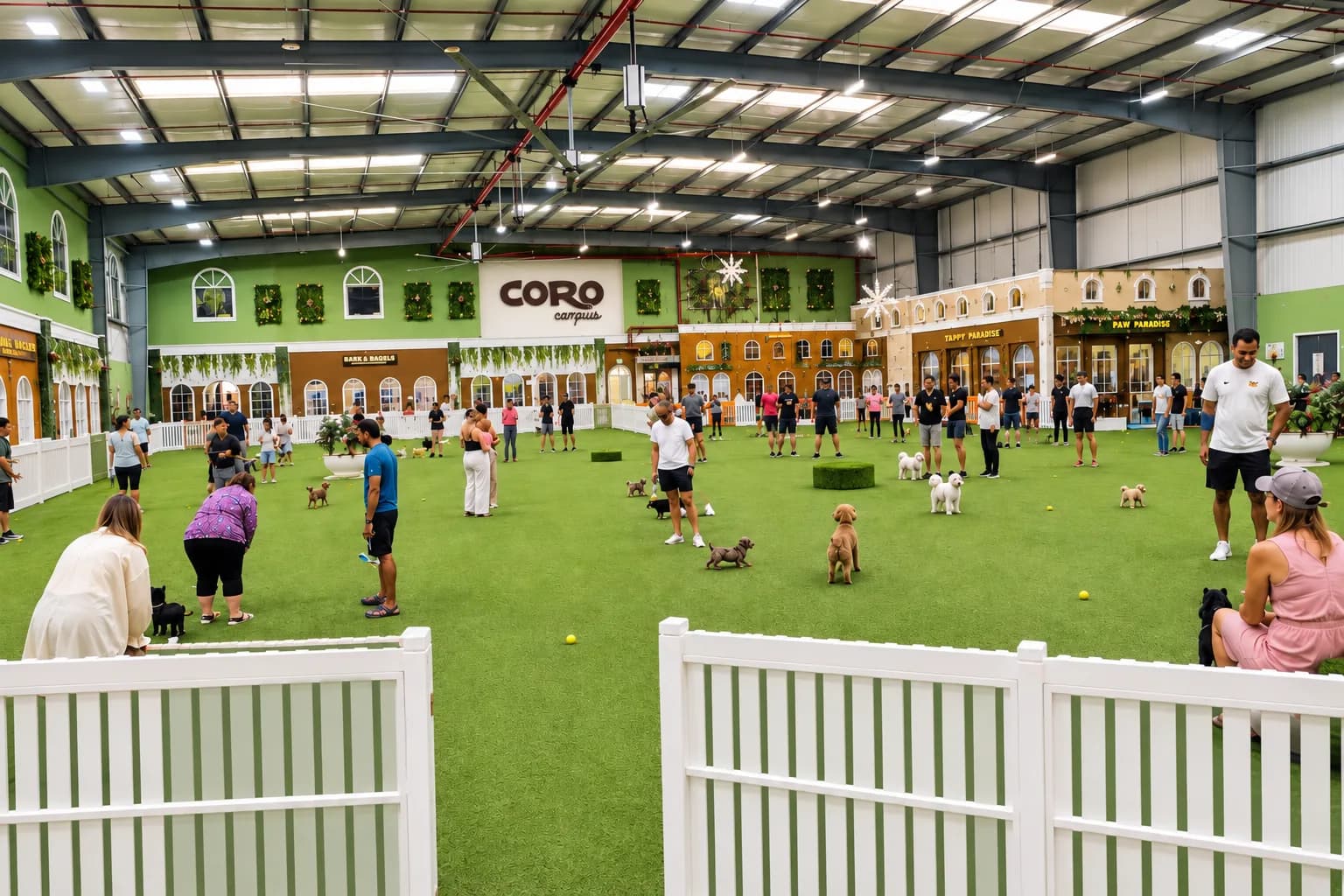 People and dogs together in the Flagship indoor park on a community day, shown with a Coro branding preview