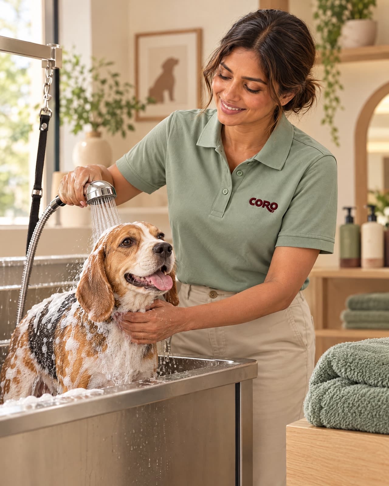 A groomer rinsing a soapy beagle