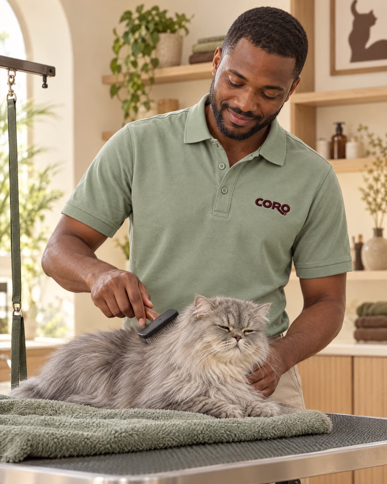 A groomer brushing a relaxed Persian cat