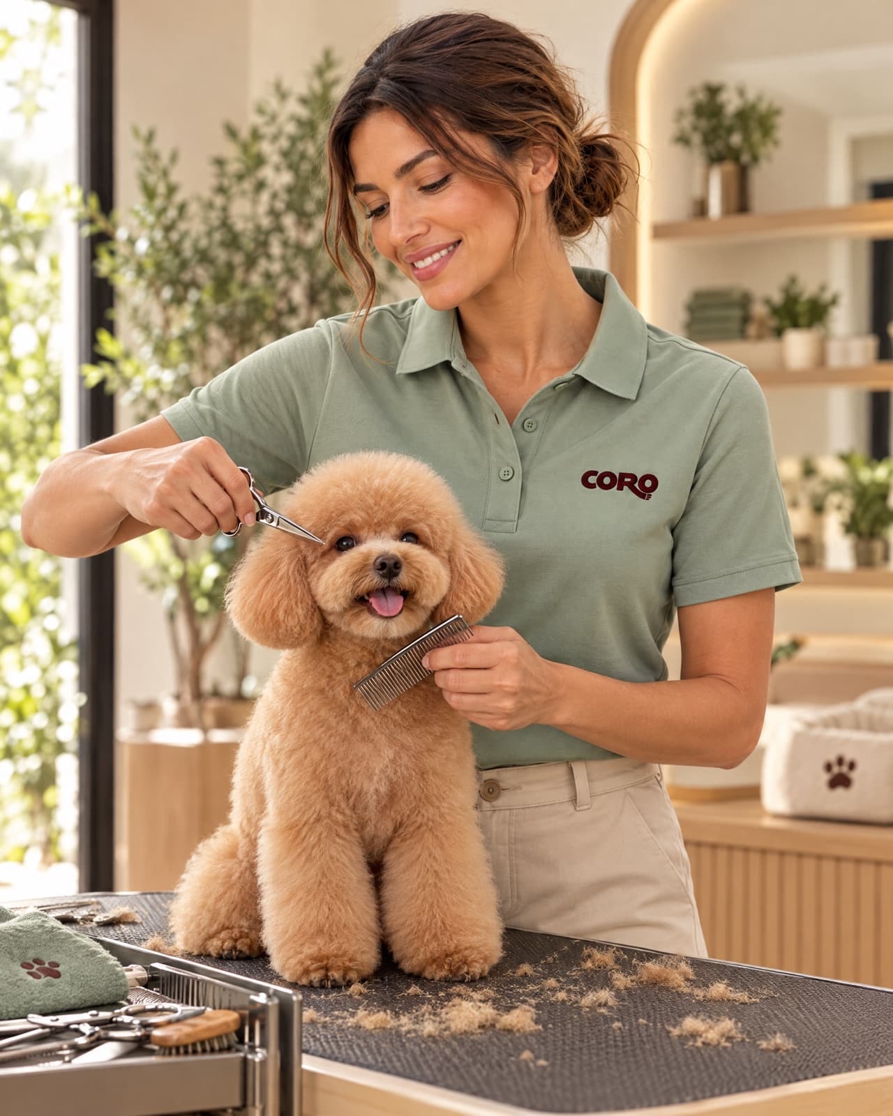 A groomer styling a toy poodle