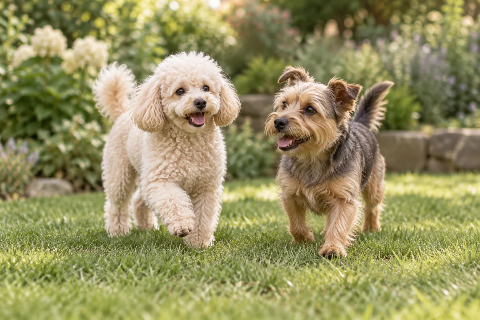 Small dogs playing with a caregiver