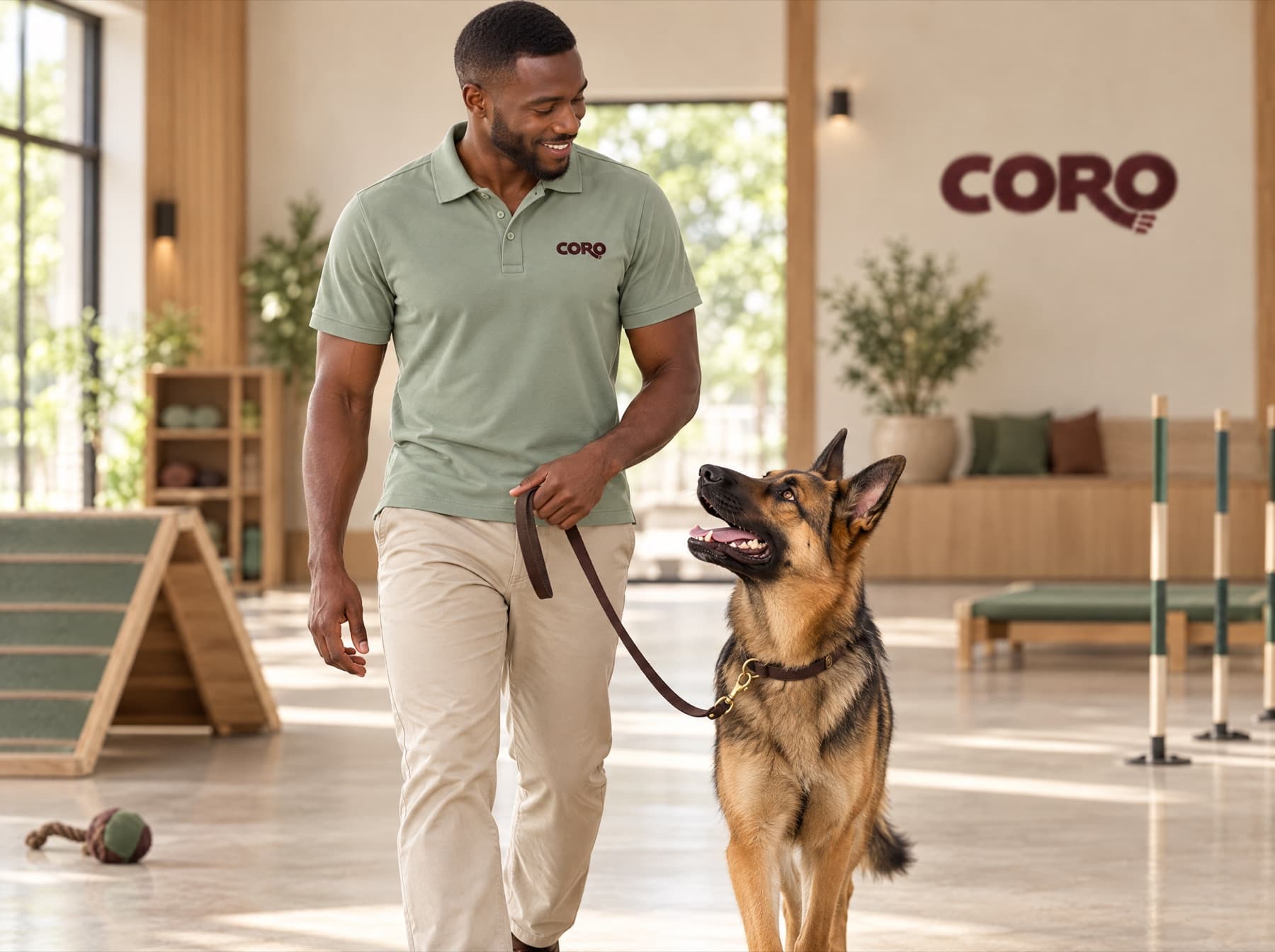 A trainer in the Coro polo walking beside an attentive German shepherd