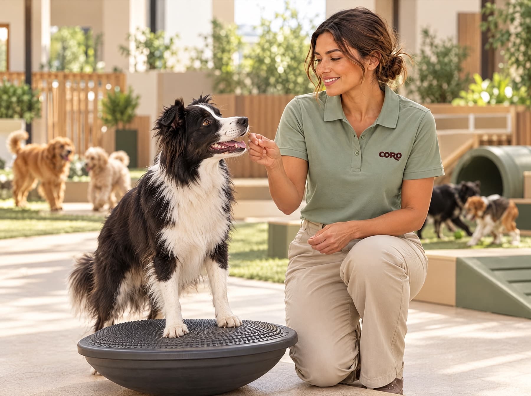 A trainer with a border collie on a balance platform