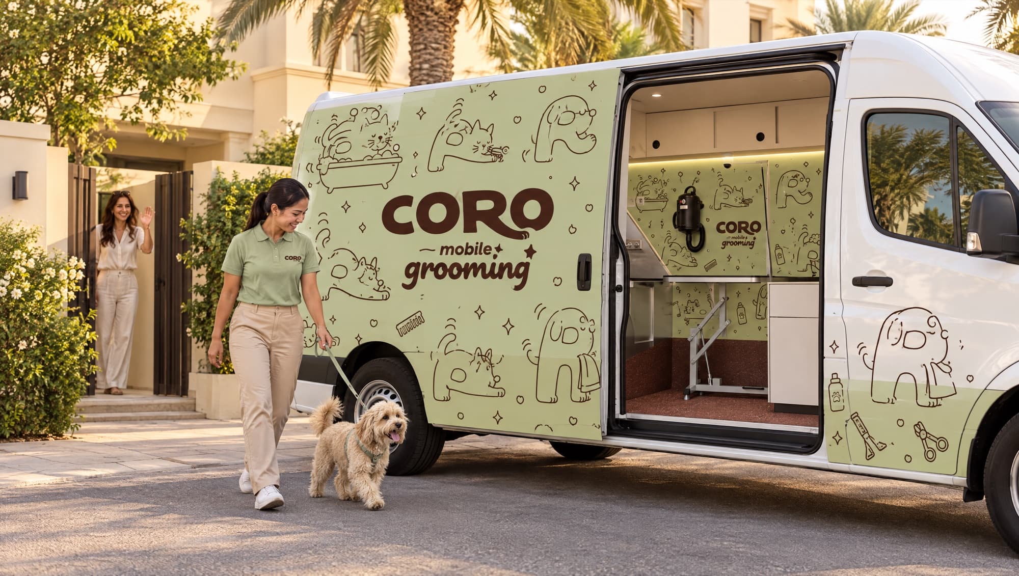 The Coro mobile grooming van outside a villa
