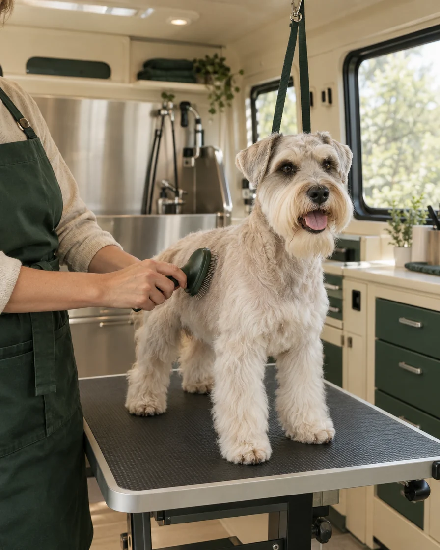 A dog receiving care inside a fully equipped grooming vehicle