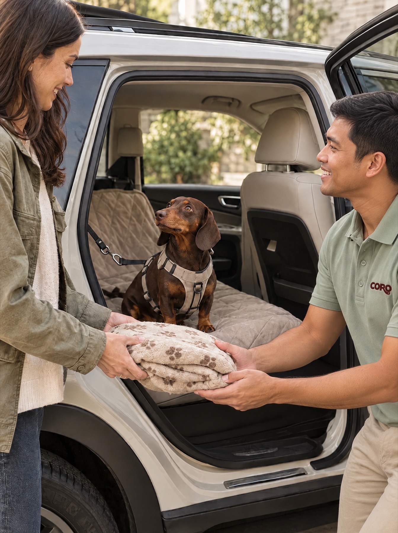 A Coro driver in the green polo taking a blanket from an owner beside the car, a dachshund on the back seat
